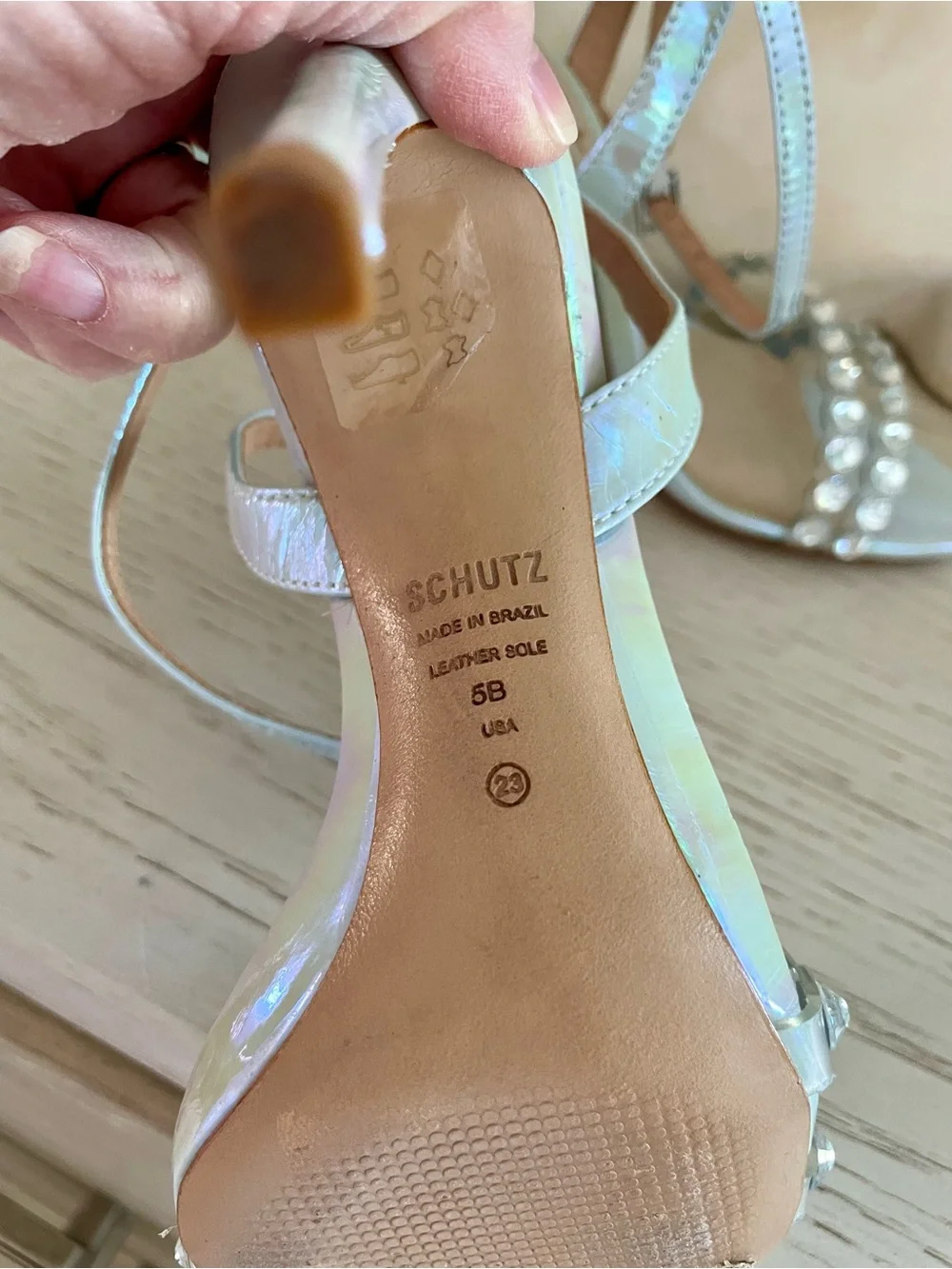 Schutz - Iridescent Crystal Strap Heeled Sandals - Light Aqua